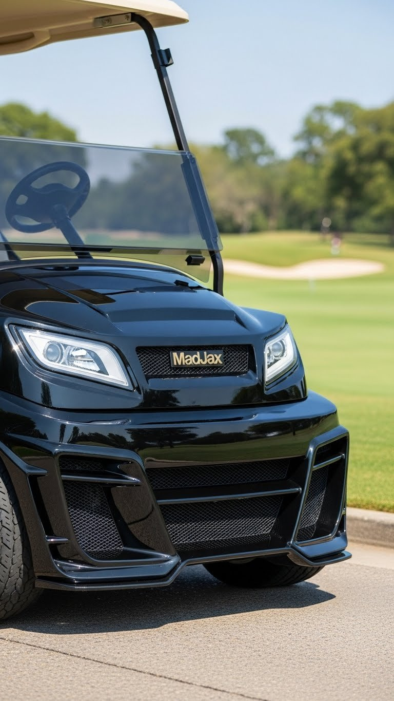 Modern Golf Cart With Madjax Alpha Body Kit On Club Car Precedent Featuring Gloss Black Finish On Golf Course Path
