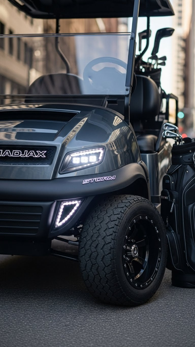 Modern Golf Cart With Madjax Storm Body Kit And Led Lighting On Ezgo Txt Featuring Dark Gray Matte Finish On Urban Street