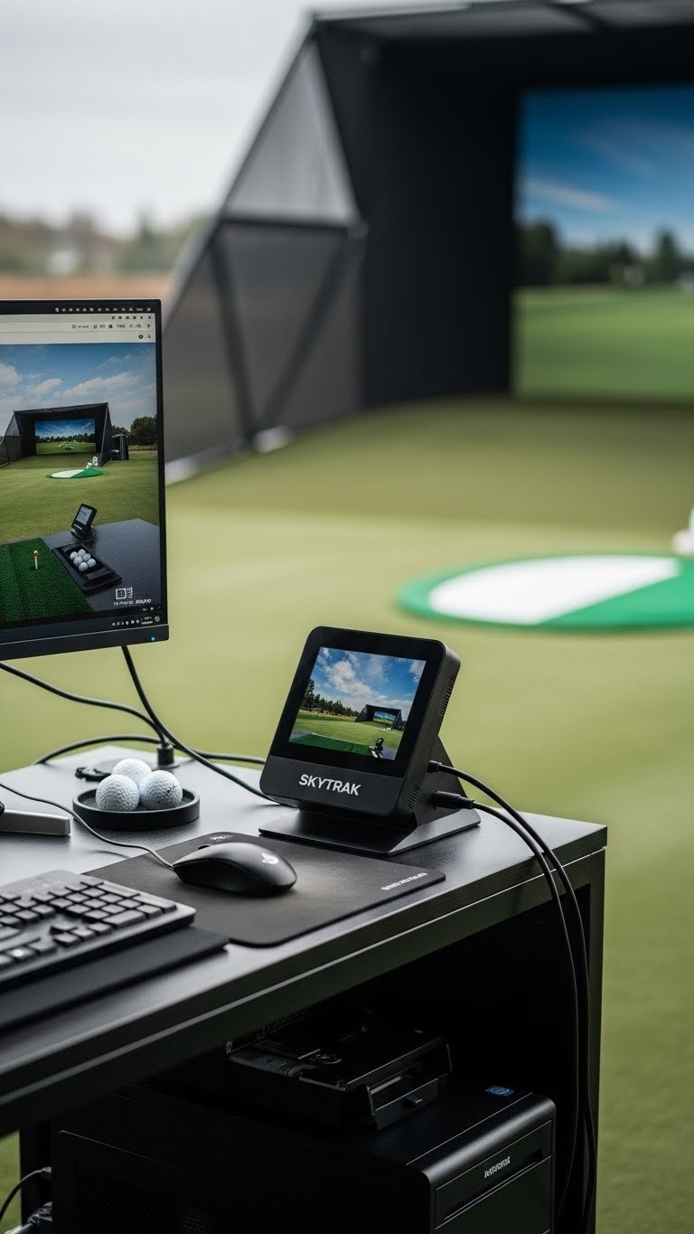 Modern Golf Launch Monitor And Computer Setup, Featuring A Laptop Seamlessly Connected On A Hitting Mat.