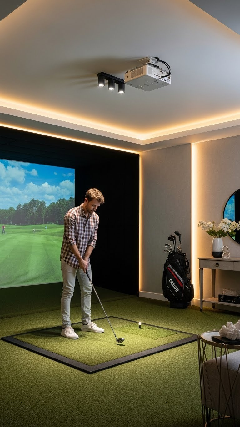 Golf Decor Ideas: 11 Ultimate Home Simulator Room Designs Modern Golf Room Lighting, Featuring Recessed Led Spotlights And Indirect Strip Lighting For Clear Visibility And Ambiance.