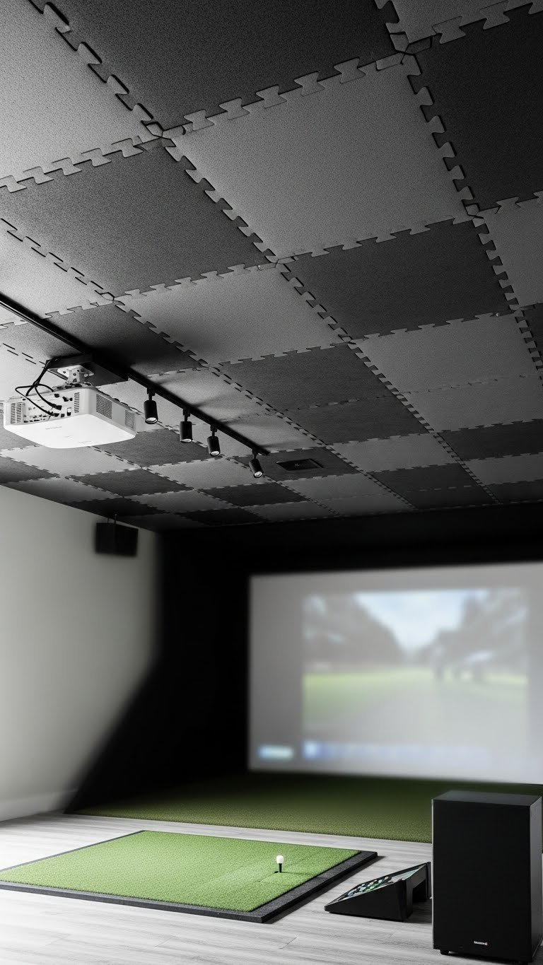Modern Golf Simulator Ceiling With Dark Gray Foam Tiles, Track Lighting, And Mounted Projector In Professional Home Setup