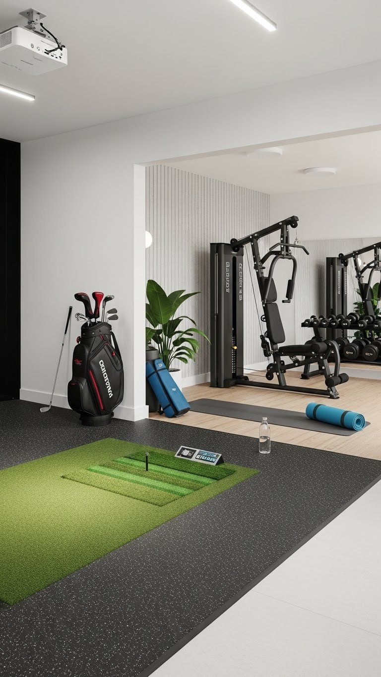 Modern Golf Simulator Room Seamlessly Integrated With Home Gym Featuring High-Quality Turf Mat, Impact Screen, And Adjustable Dumbbells In Neutral-Toned Minimalist Space.