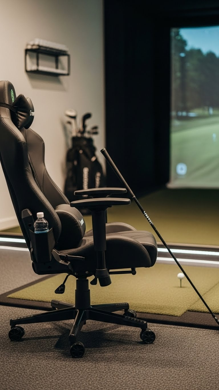 Modern Golf Simulator Room With Ergonomic Gaming Chair Positioned Near Hitting Mat And Simulator