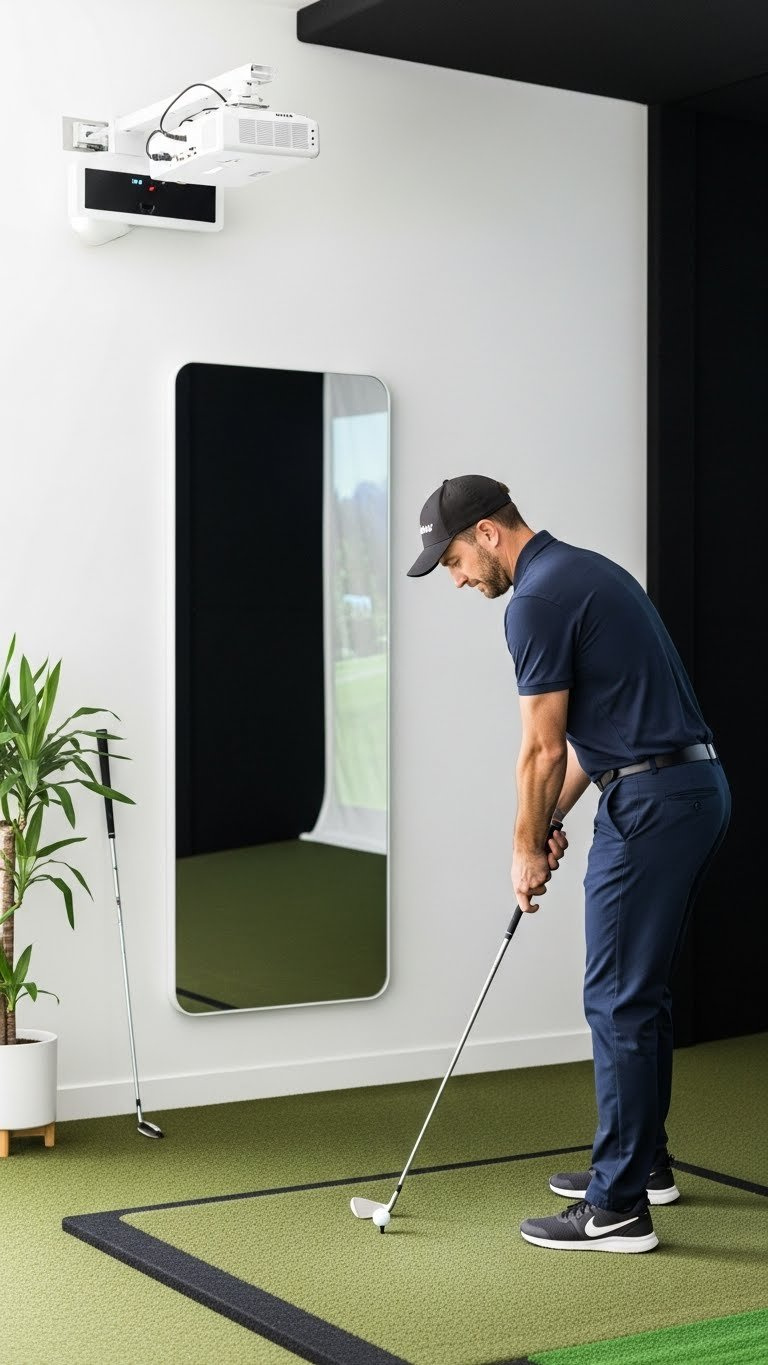 Modern Golf Simulator Room With Full-Length Mirror For Swing Analysis Positioned On Neutral-Colored Wall.