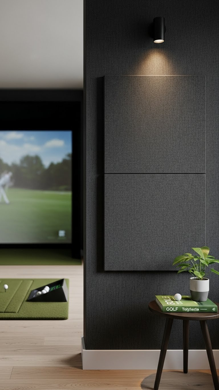 Modern Golf Simulator Room With Sleek Dark Acoustic Wall Panels Illuminated By Soft Natural Lighting And Minimalist Decor Accents.