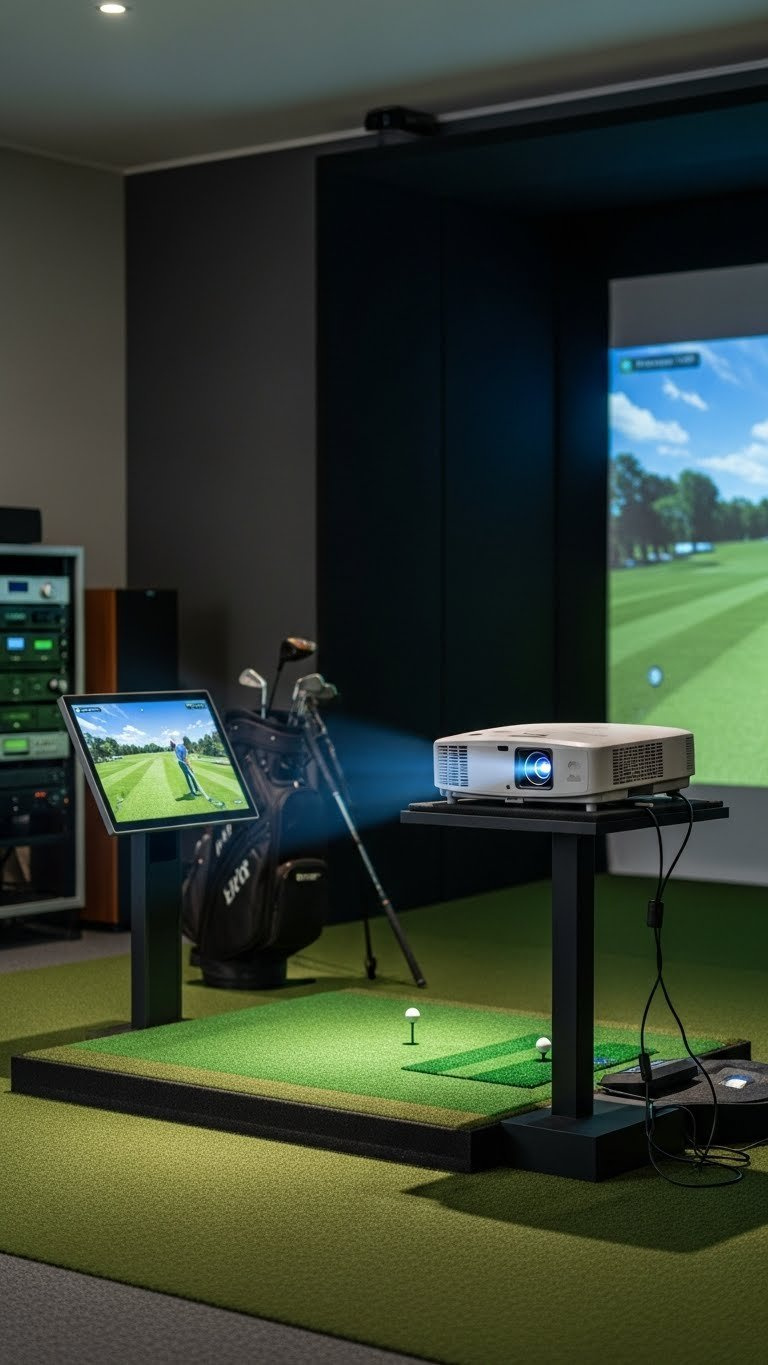 Modern Golf Simulator Setup With Launch Monitor And Short Throw Projector Casting Vibrant Image Onto Impact Screen