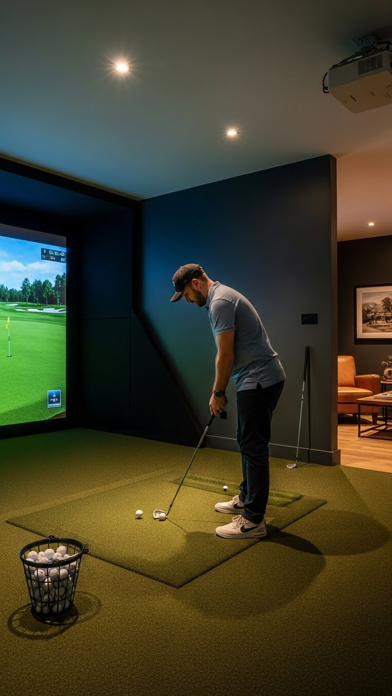 Modern Home Golf Simulator Room With Charcoal Gray Wall, Vibrant Golf Course Screen, Turf Flooring, And Golf Club Leaning Against Wall