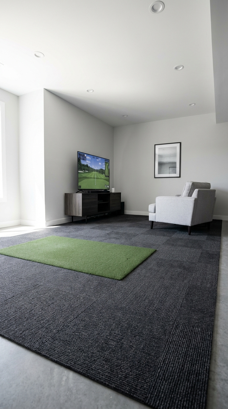 Golf Simulator Room Flooring Complete Buyer Guide For Homes Modern Home Golf Simulator Setup With Dark Gray Interlocking Carpet Tiles And Integrated Hitting Mat