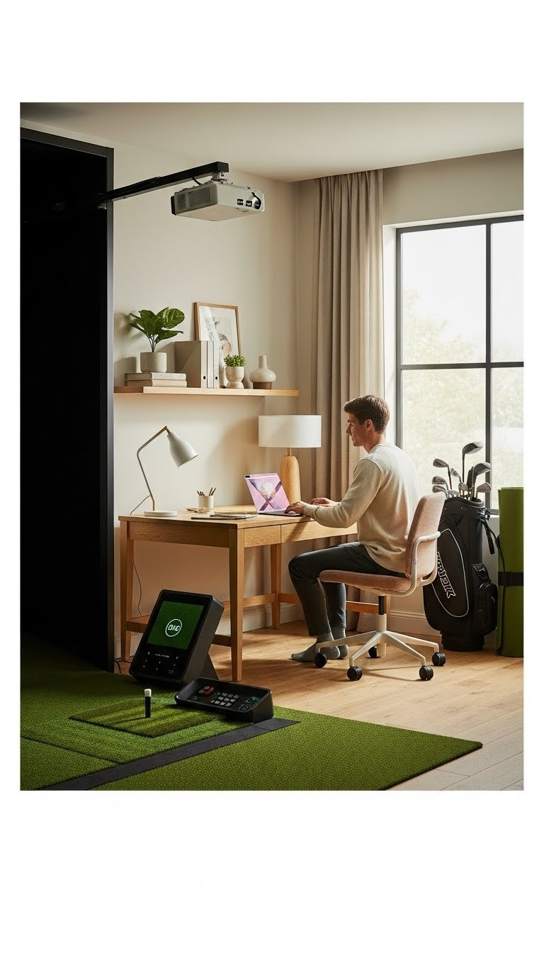 Modern Home Office With Sleek Desk Setup Featuring Laptop, Golf Club, And Compact Golf Simulator In Warm Natural Lighting.