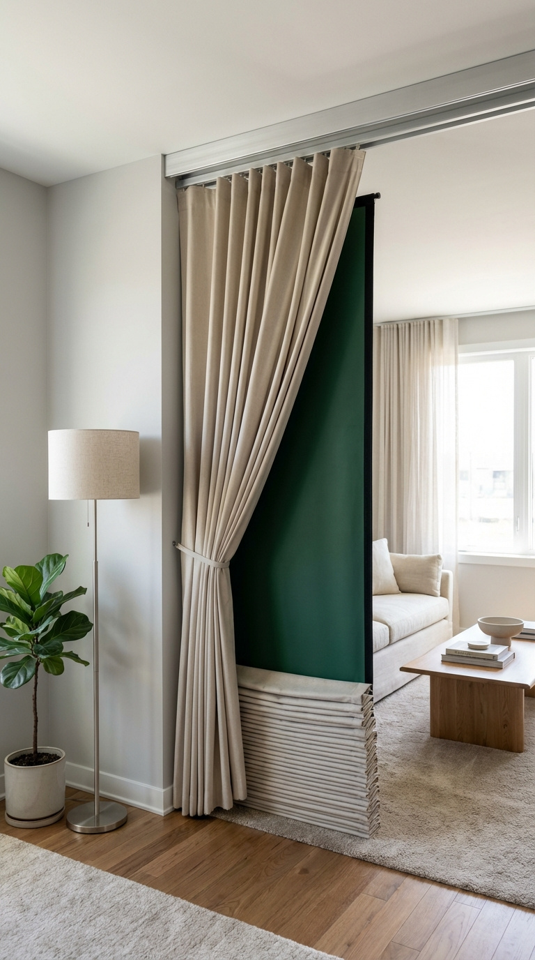 Golf Simulator Room Curtains Complete Guide For Home Setups Modern Living Room With Retractable Golf Simulator Curtain Partially Open Showing Ceiling Track System And Sofa Background.