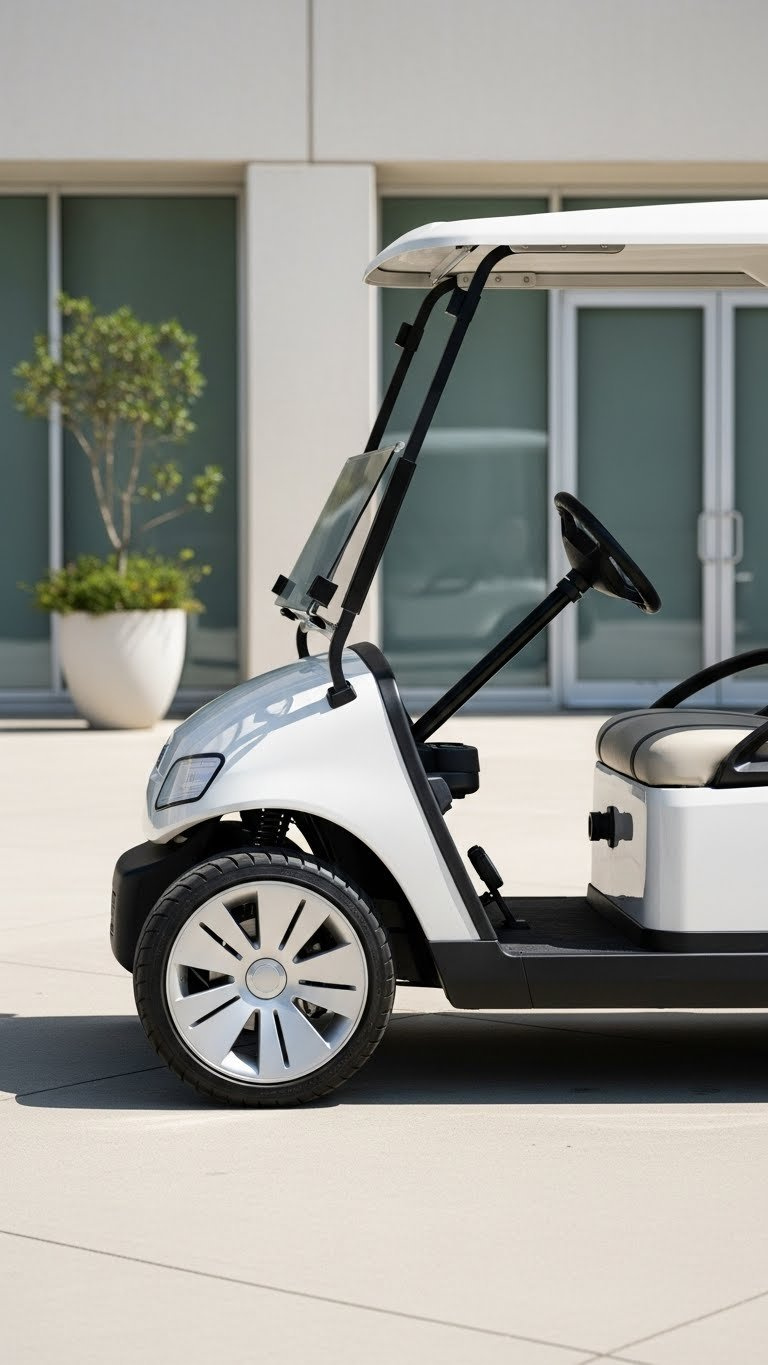 Modern Minimalist Electric Golf Cart With Clean Lines And Matte Finish On Light-Colored Concrete Surface