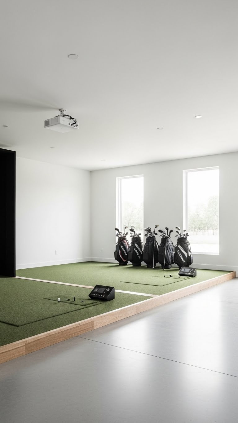 Modern Minimalist Home Golf Simulator Room With Expansive Dimensions, Polished Concrete Flooring, And Large Windows In Bright Natural Daylight.