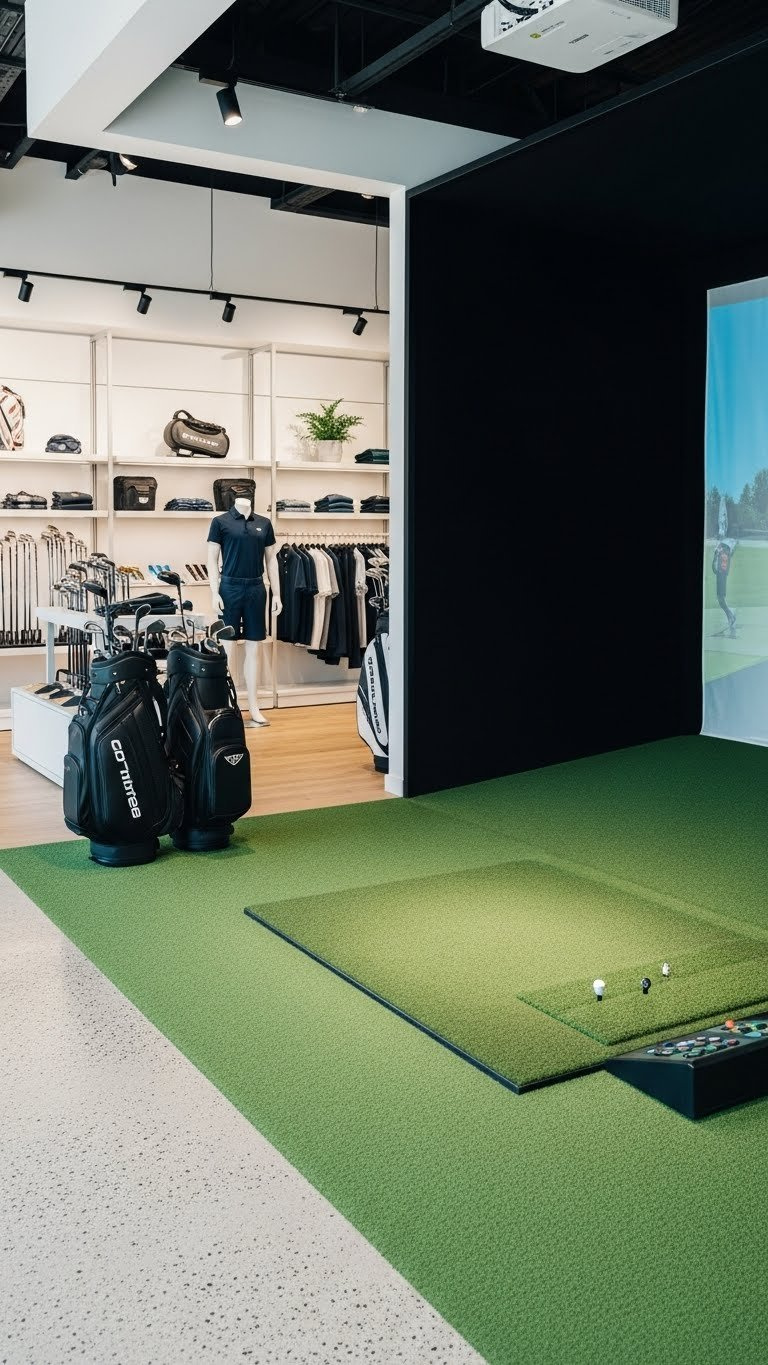 7 Expert Commercial Golf Simulator Room Designs Modern Retail And Golf Fitting Center Featuring A Sleek Simulator Bay Integrated With Displays Of Golf Clubs And Apparel.