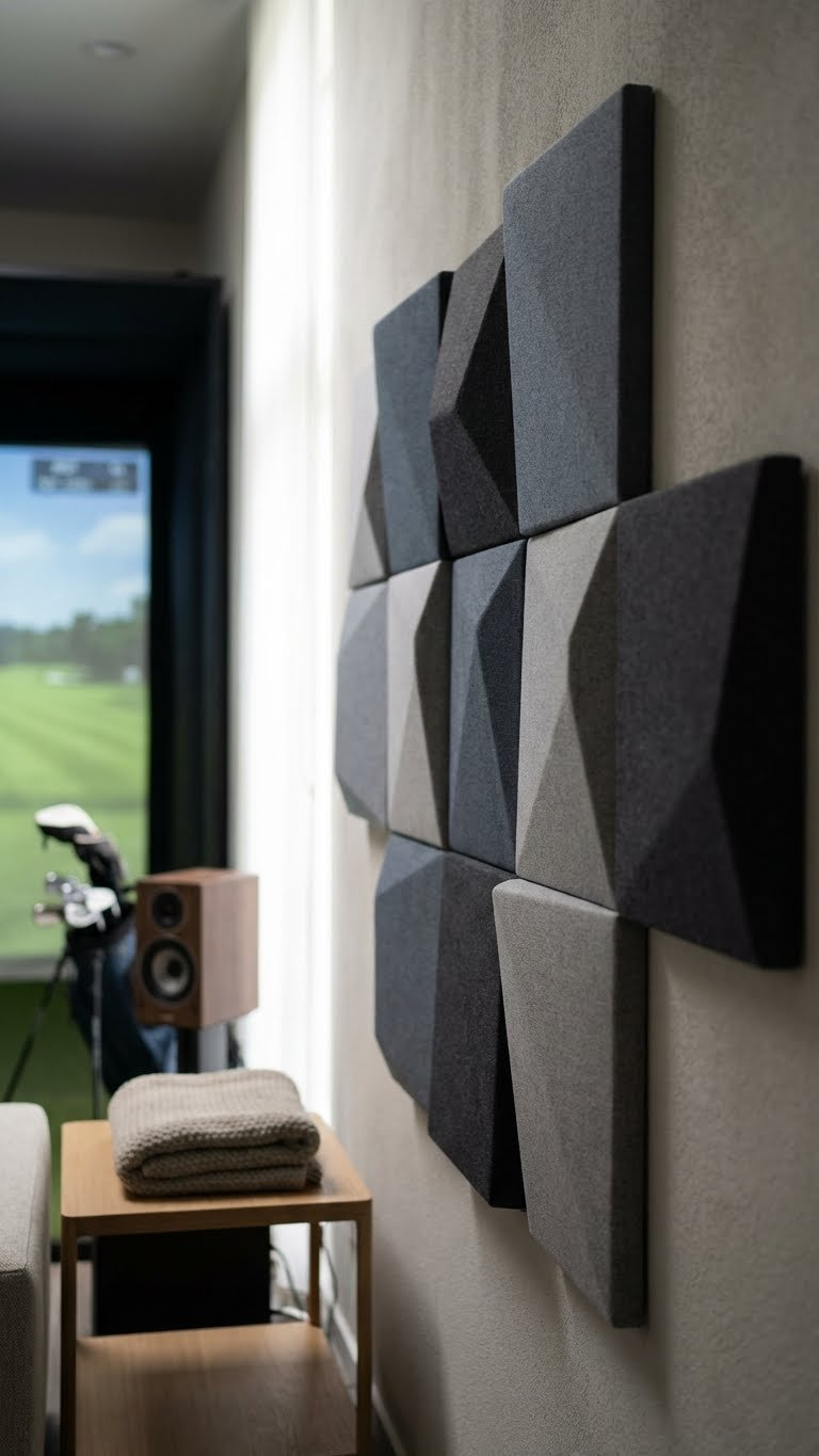 Modern Sound-Dampening Acoustic Panels In Varying Grey Shades, Aesthetically Integrated Into A Sophisticated Home Golf Simulator Room.
