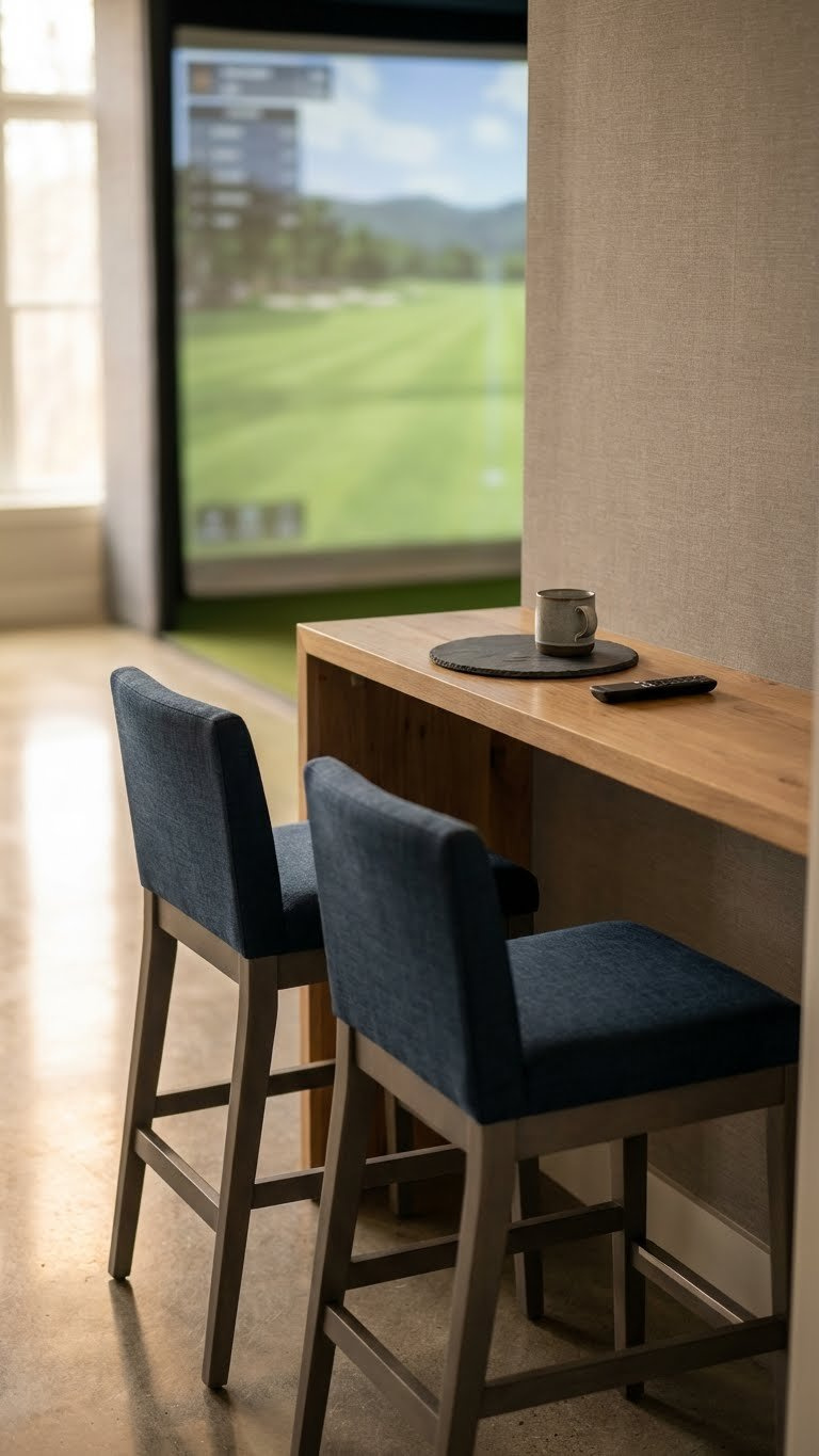 7 Spectator Seating Ideas For Your Home Golf Simulator Room Modern Upholstered Bar Stools At A Built-In Counter Overlook A Home Golf Simulator Screen, Creating An Inviting Spectator Area With Warm Lighting.