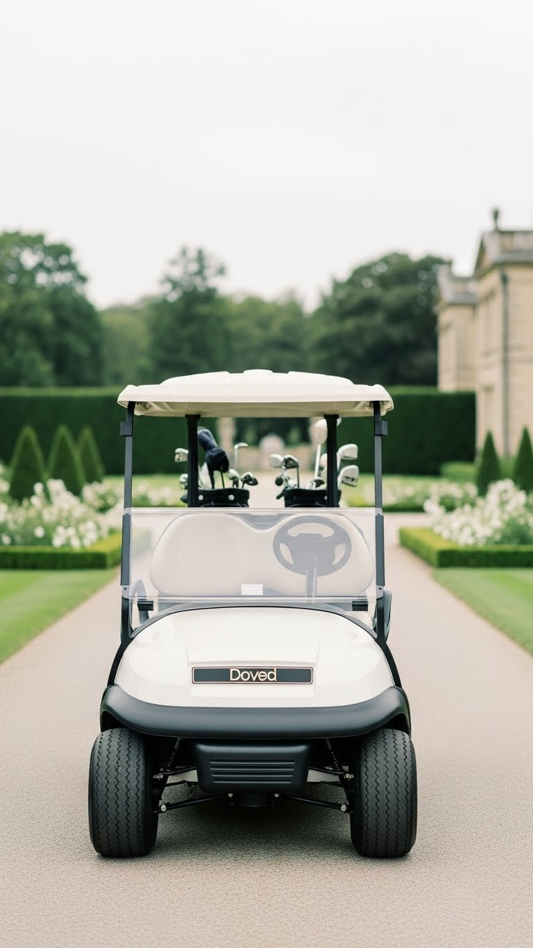 Modern White Four-Seater Golf Cart With Chrome Accents Parked On Paved Path At Luxurious Wedding Venue With Lush Gardens
