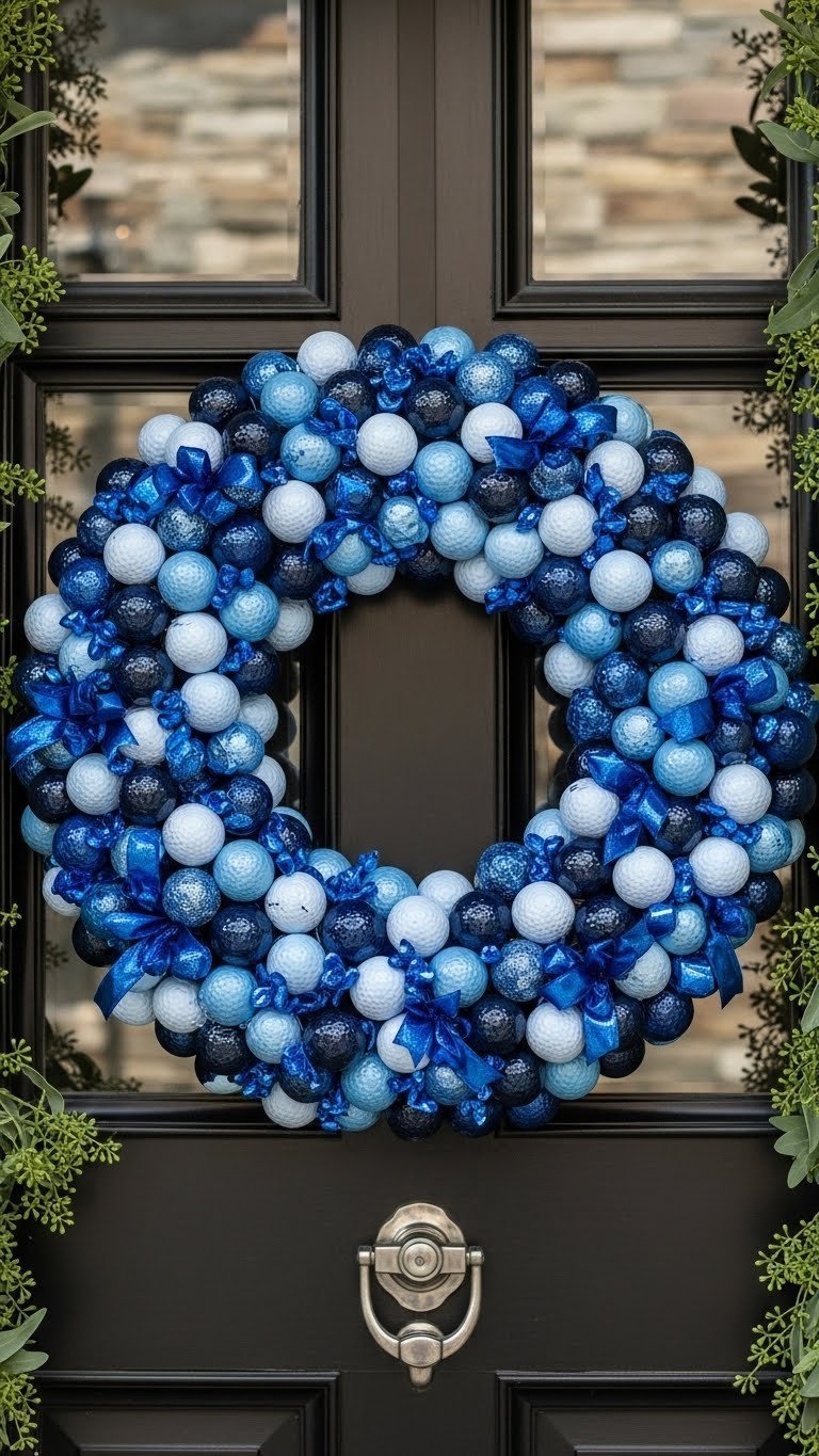 Monochromatic Blue Golf Ball Wreath With Metallic Ribbon Accents, Hanging On A Dark Wooden Front Door. Elegant Golf Decor.