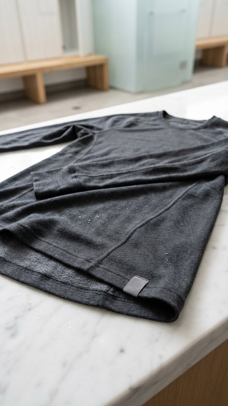 Monochromatic Gray And Black Athletic Fit Thermal Golf Base Layer Shirt, Neatly Folded On Marble, Highlighting Microfleece Texture.