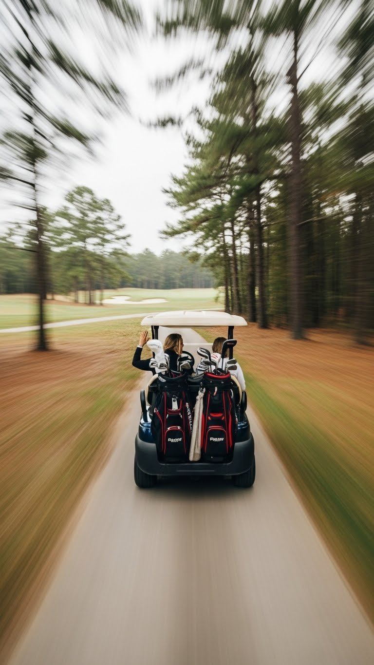 Motion Blur Effect Showing Person Waving From Moving Golf Cart On Blurred Tree-Lined Path