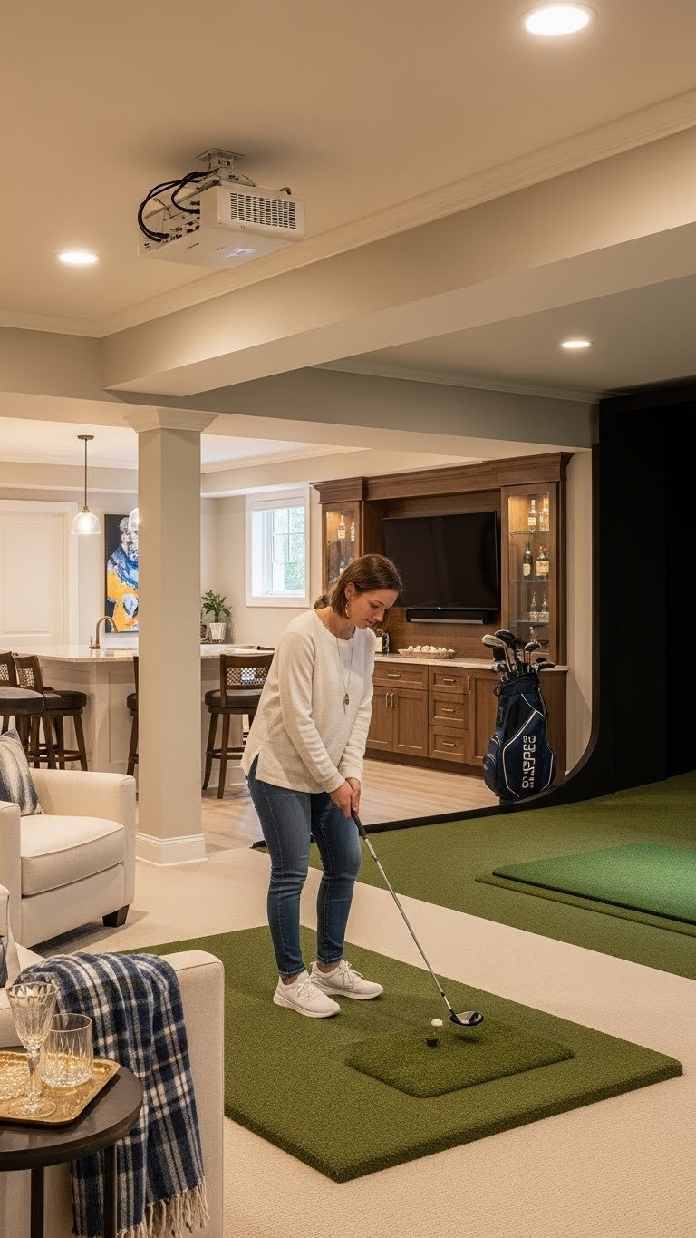 Multi-Functional Basement Golf Simulator Lounge Blending Golf Area With Comfortable Seating And Wet Bar