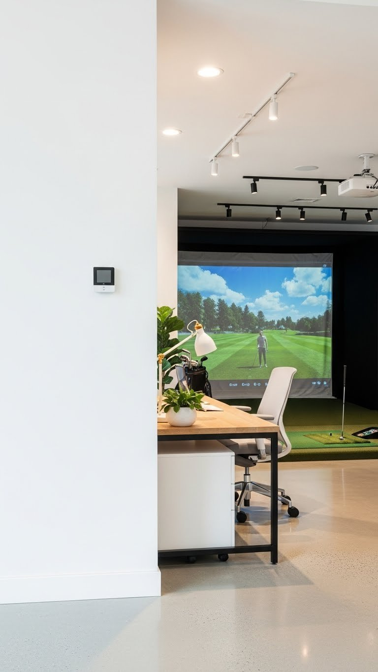 Multi-Functional Office Space With Smart Led Lighting, Desk Area, And Golf Simulator Zone In Bright Contemporary Setting.