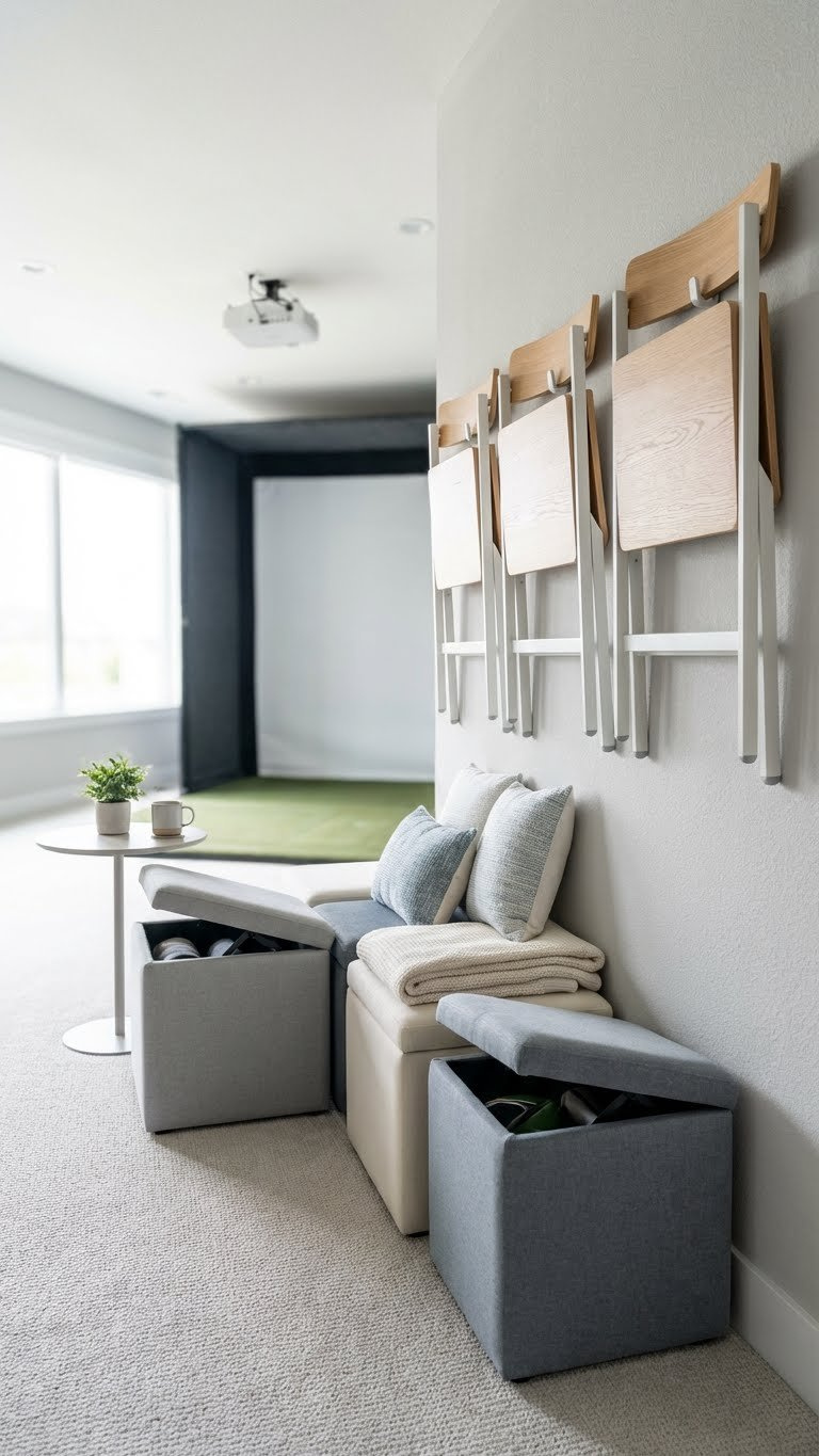 7 Spectator Seating Ideas For Your Home Golf Simulator Room Multi-Functional Ottoman Seats And Modern Folding Chairs Efficiently Furnish A Compact Home Golf Simulator Room With Bright Daylight.