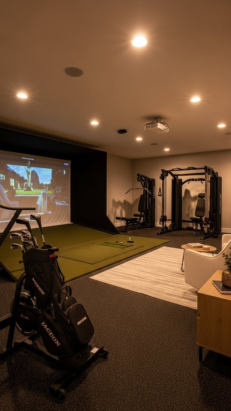 Multi-Layered Lighting Design In Golf Simulator Room With Recessed Ceiling Lights And Ambient Led Strips Creating Cozy, Inviting Workout Space.