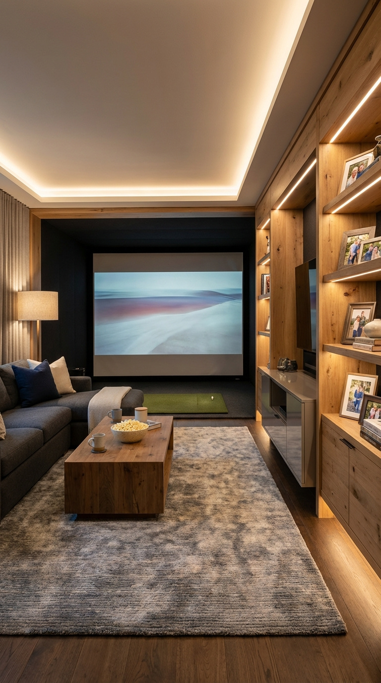 Golf Simulator Room Layout Guide For Perfect Space Planning Multi-Purpose Family Room With Retractable Golf Screen Integrated Into Home Theater And Comfortable Sectional Sofa