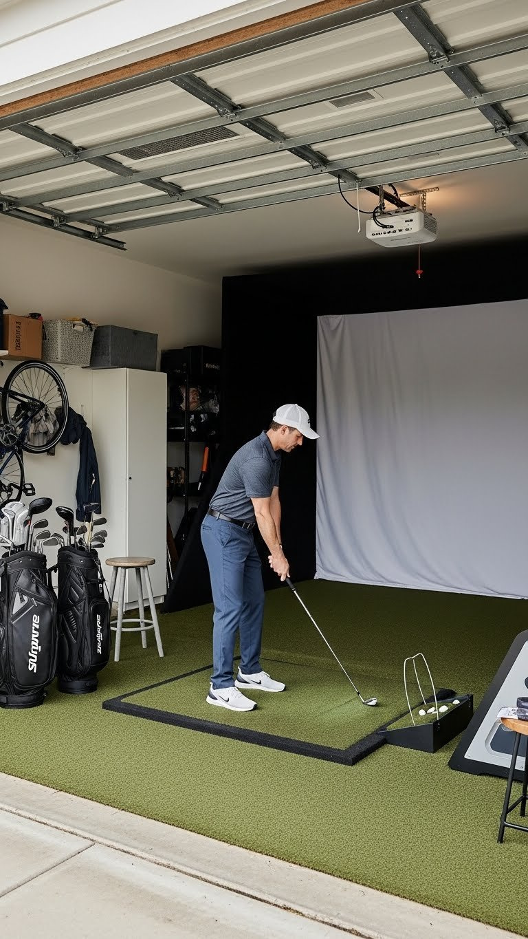 Multi-Purpose Garage Golf Simulator Room With Large Impact Screen, Poised Golf Club, And Organized Storage Elements In Gray And Blue Color Scheme