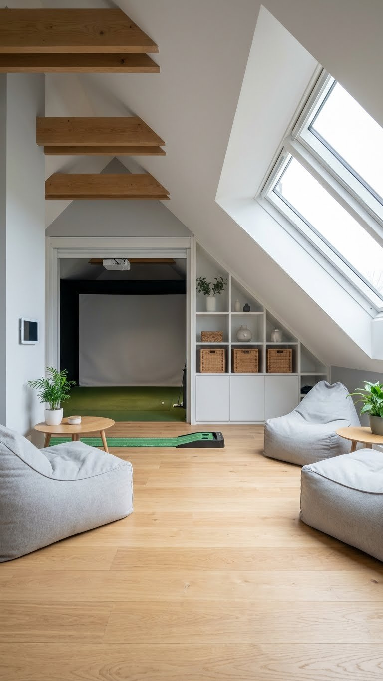 Golf Simulator Loft Room: Ultimate Sloped Ceiling Solutions Multi-Purpose Golf Simulator Loft Room Featuring Smart Storage, Built-In Shelving, And Comfortable Seating Under A Sloped Ceiling.