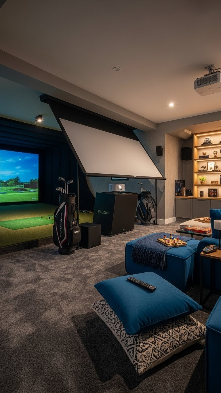 Multi-Purpose Golf Simulator Room With Retractable Screen Revealing Cozy Seating Area And Ultra-Short Throw Projector For Cinema Use