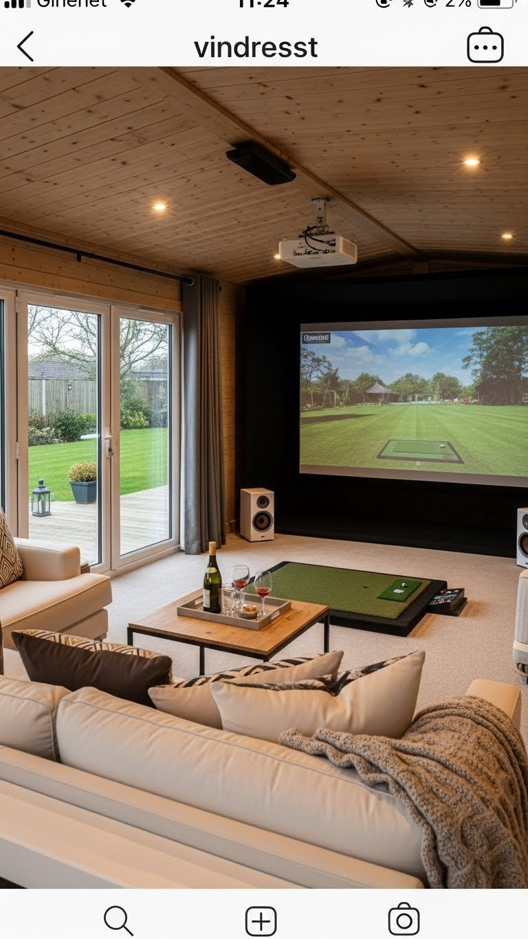 9 Essential Outdoor Golf Simulator Room Designs Multi-Purpose Outdoor Entertainment Cabin With A Golf Simulator, Comfortable Seating, Large Screen, And Subtle Mood Lighting.