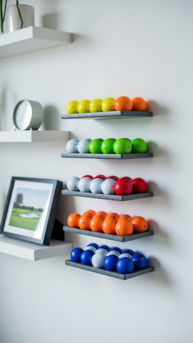 Multi-Tiered Golf Ball Display Shelf Unit With 3-4 Tiers Showcasing Colorful Golf Ball Collection On Wall