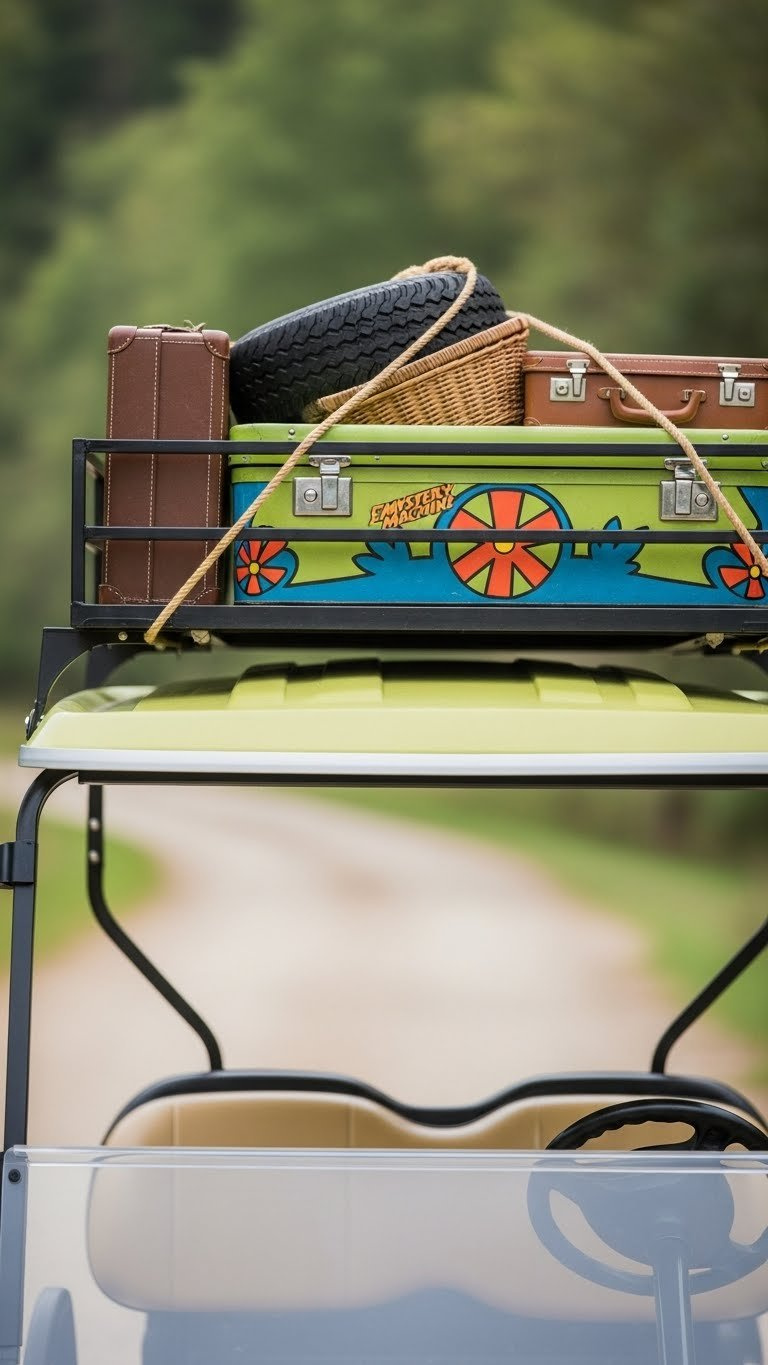 Mystery Machine Golf Cart With Vintage Roof Rack Loaded With Thematic Props On An Adventure-Ready Path