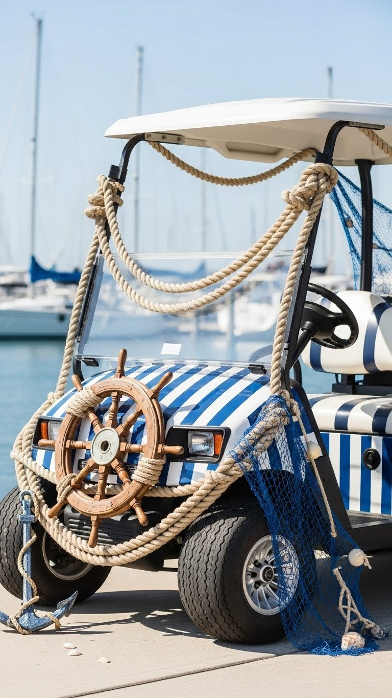 Navy And White Striped Golf Cart With Nautical Ship Wheel Decor On Marina Dock Setting