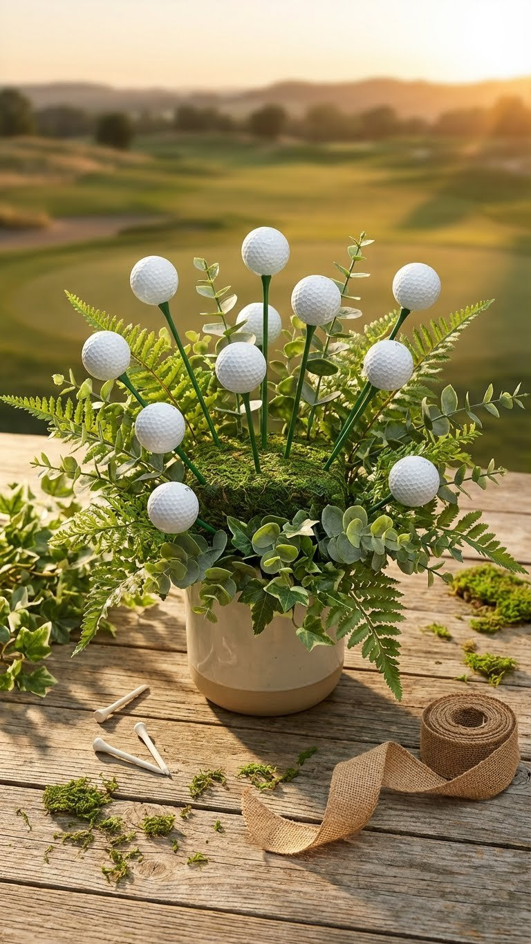 Ultimate Golf Ball Bouquet Tutorial Easy Diy Gift For Him Nearly Complete Golf Ball Bouquet In Vase With Faux Greenery, Arranged On A Rustic Table With Golf Course Background.