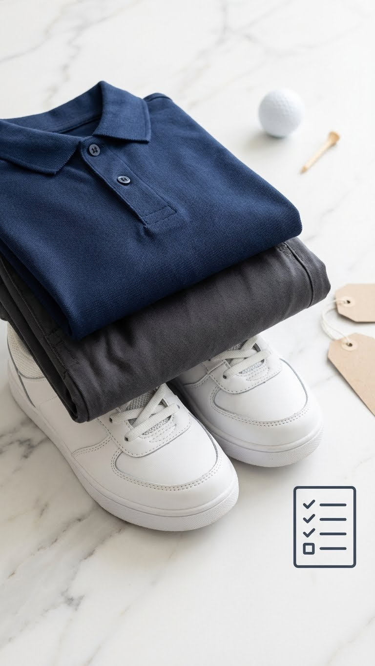 Neat Stack Of Kids Golf Starter Kit: Solid Polo, Dark Shorts, Athletic Shoes, Golf Ball On Marble.