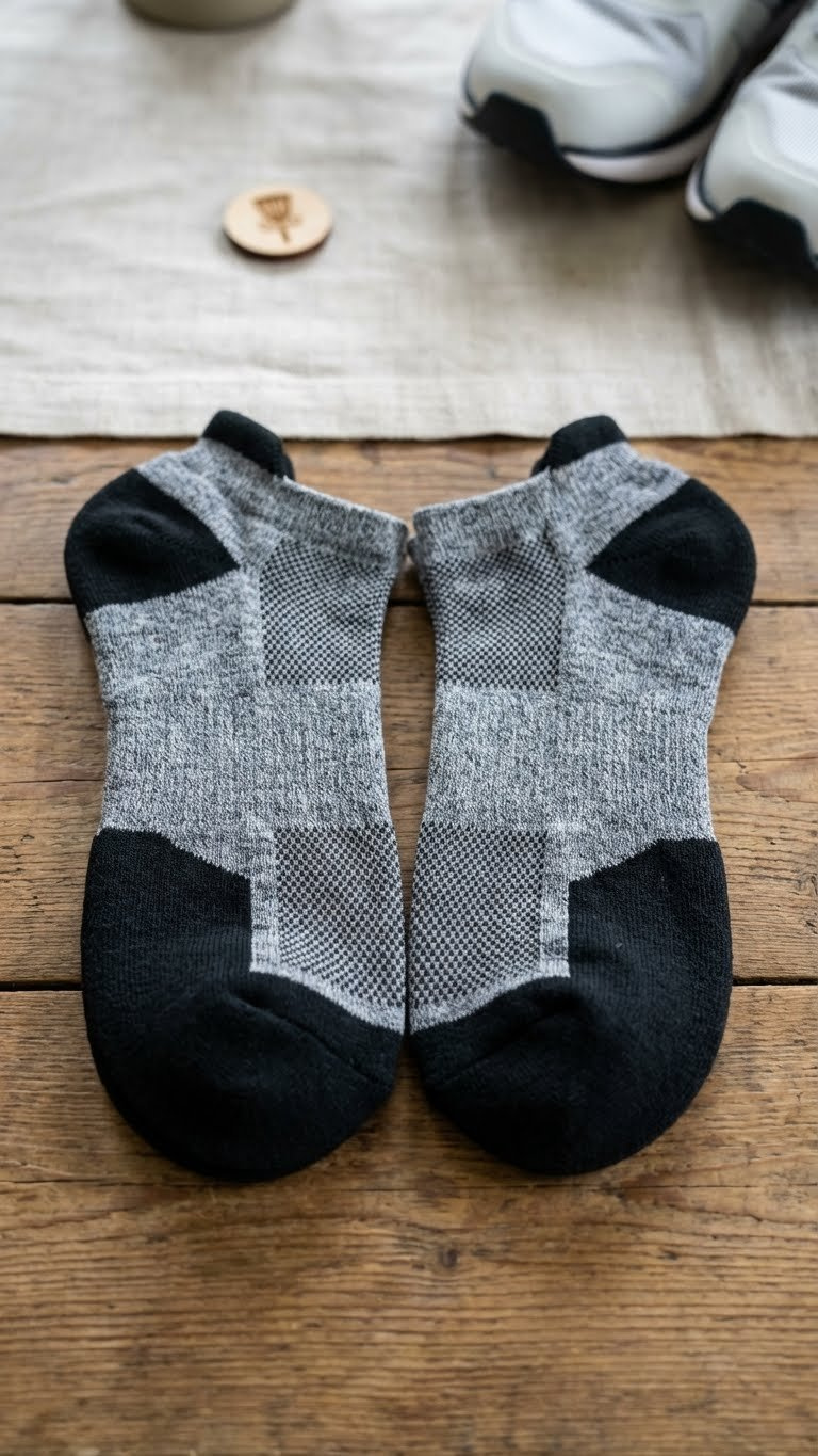 Neatly Folded Grey Moisture-Wicking Disc Golf Socks With Arch Support On A Rustic Wooden Table, Emphasizing Athletic Comfort.