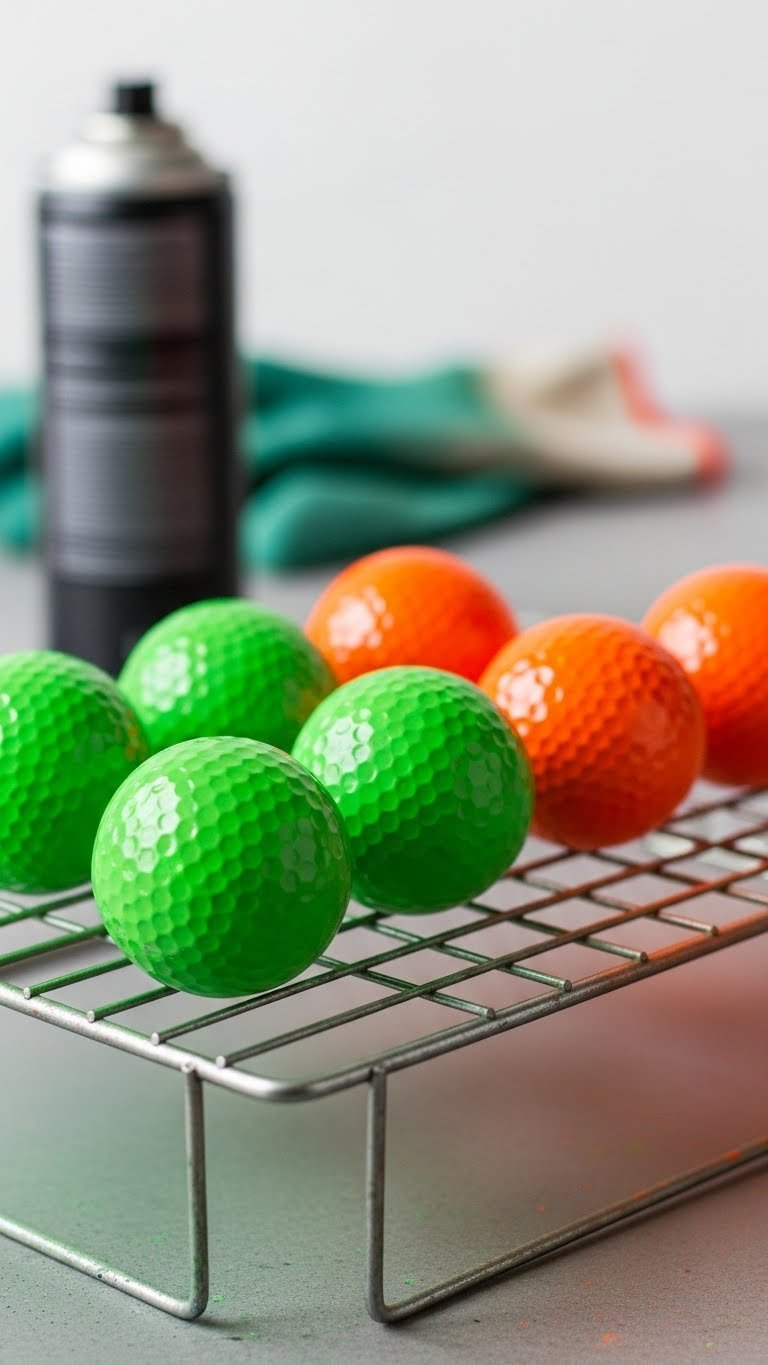 Neon Green And Orange Spray Painted Golf Balls Drying On Wire Rack With Protective Gloves And Spray Paint Can In Background