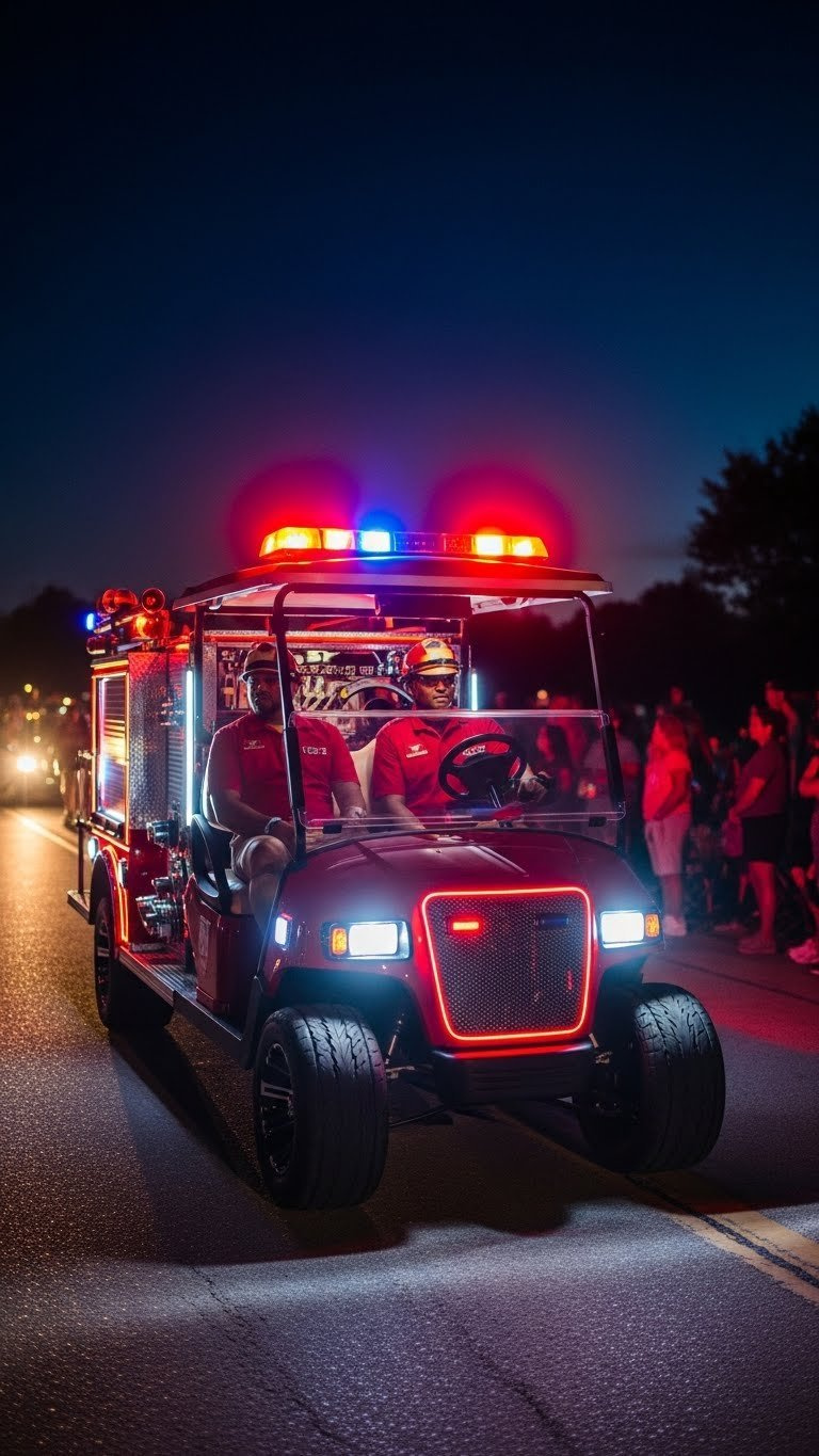 Night Parade Fire Truck Golf Cart Illuminated With Red-Blue Led Accent Lighting And Strobe Lights