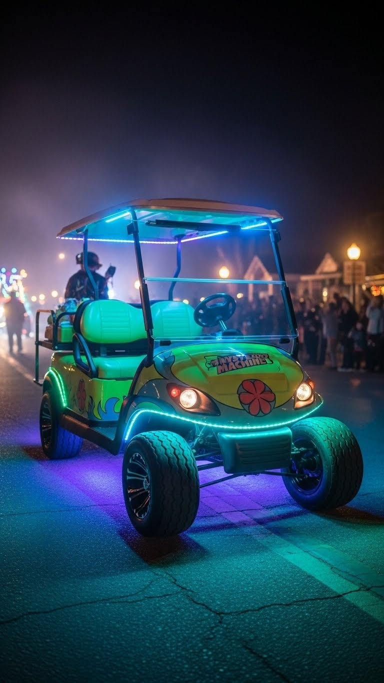 Nighttime Shot Of A Mystery Machine Golf Cart Glowing With Vibrant Multi-Colored Led Strip Lights At A Festive Event
