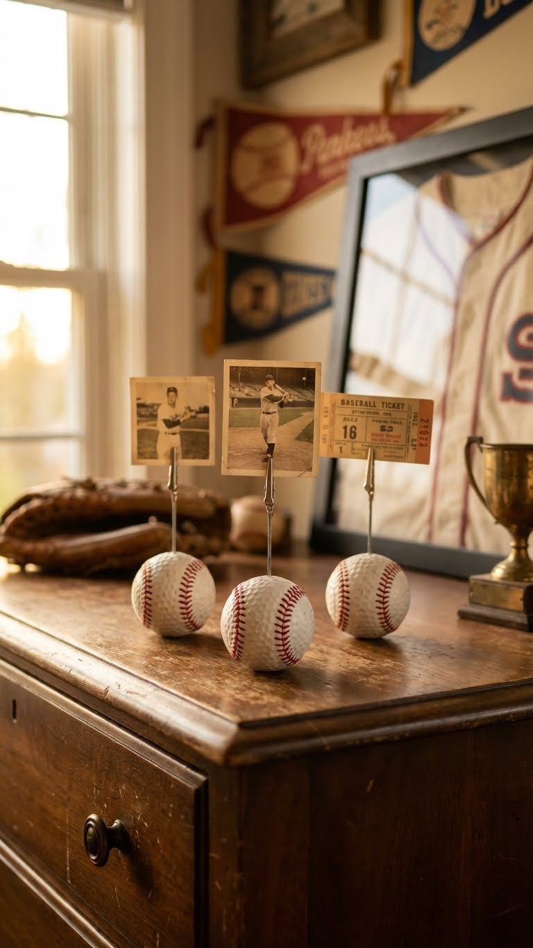 Golf Ball Crafts Baseball: Easy Diy Ideas For Art &Amp; Gifts Old Golf Balls Transformed Into Baseball Photo Holders With Metallic Clips, Displaying Cherished Photos On A Dark Wooden Sports Dresser.