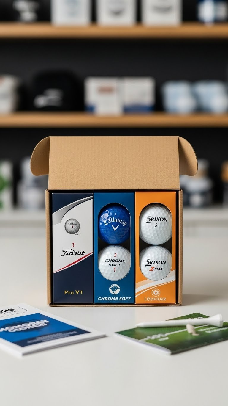 Open Golf Ball Variety Pack Showing Three Different Brand Sleeves Arranged In Cardboard Box