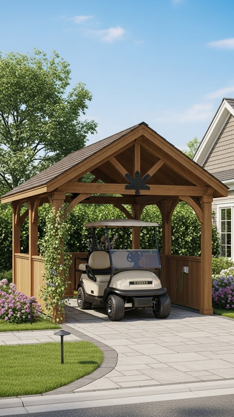 Open-Sided Golf Cart Carport With Architectural Design Blending With Landscaping And Elegant Home Backdrop