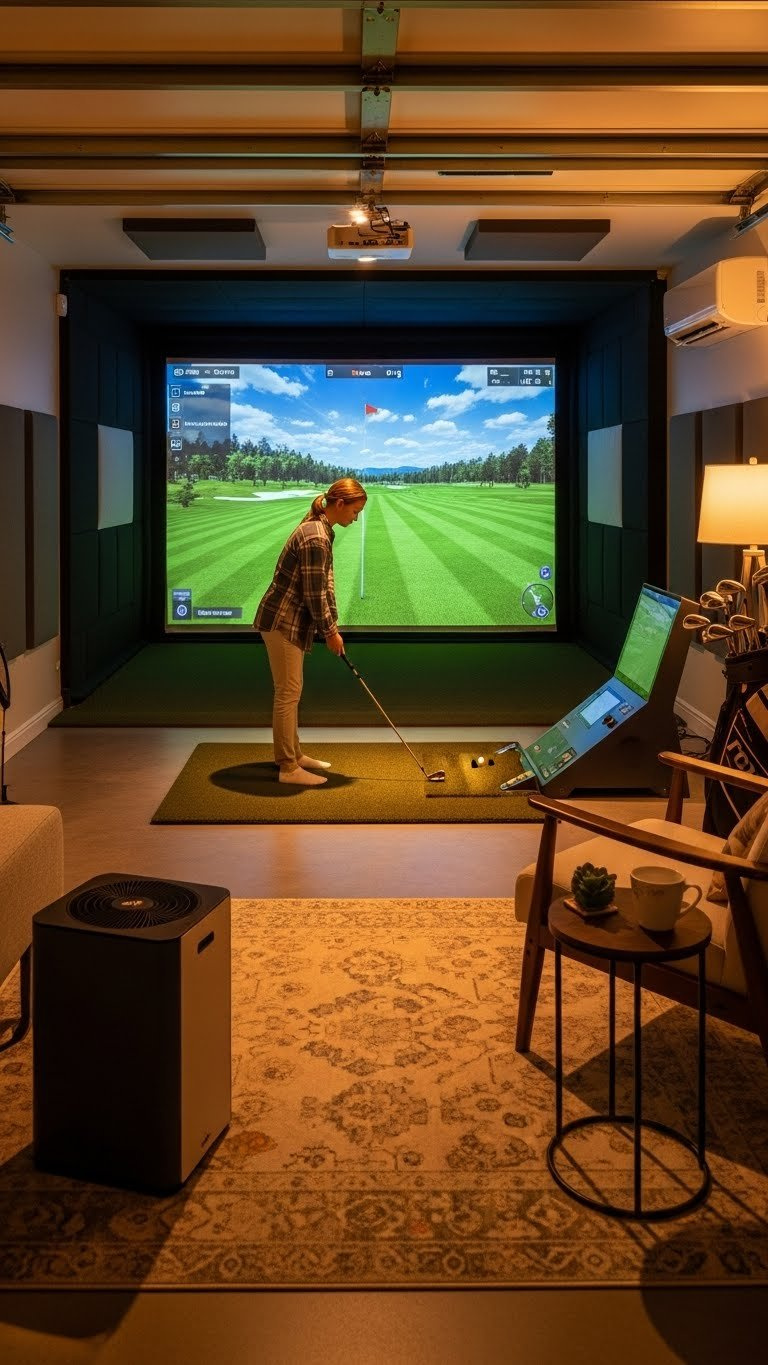 Optimized Garage Golf Simulator Room With Acoustic Paneling, Ambient Lighting, And Virtual Course Display