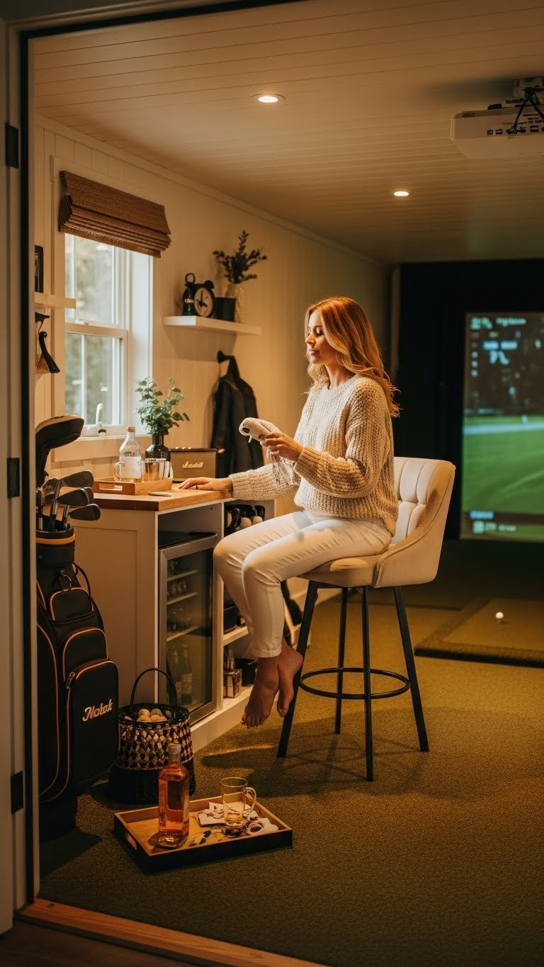 Golf Simulator Shed: Plan, Build, Design &Amp; Cost Guide Optimized Interior Of A Golf Simulator Shed, Featuring Cozy Seating, A Mini-Fridge, And Golf-Themed Decor For A Luxury Experience.