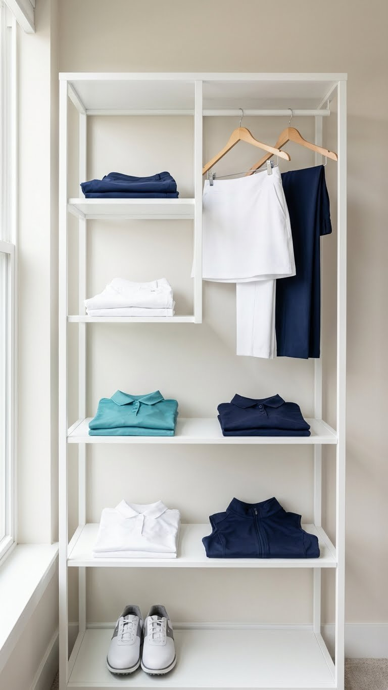 Organized Capsule Golf Wardrobe: Navy, White, Teal Skorts, Pants, Polos, Vest, Shoes Neatly Folded On A Clean Shelf.