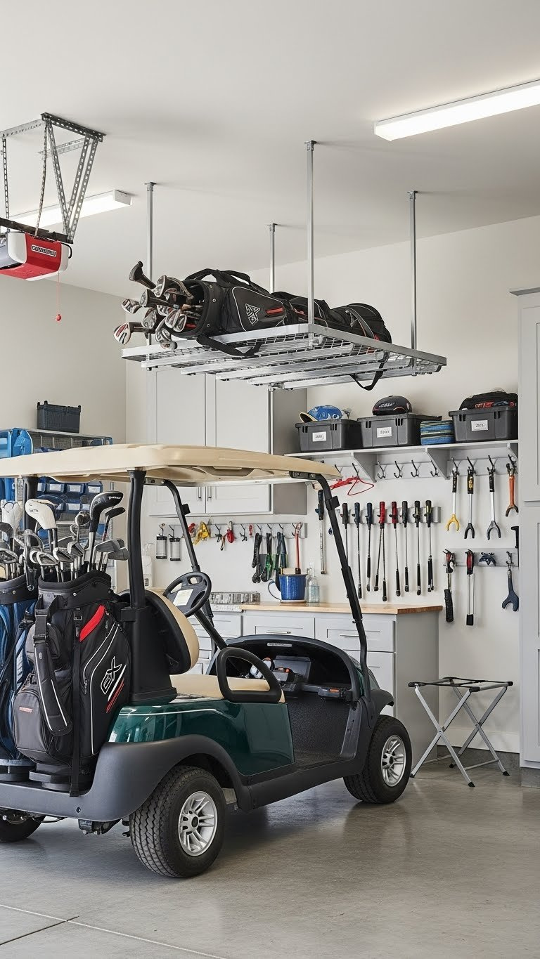 Organized Golf Cart Garage Interior With Overhead Storage Racks Holding Golf Bags And Clubs On Polished Concrete Floor