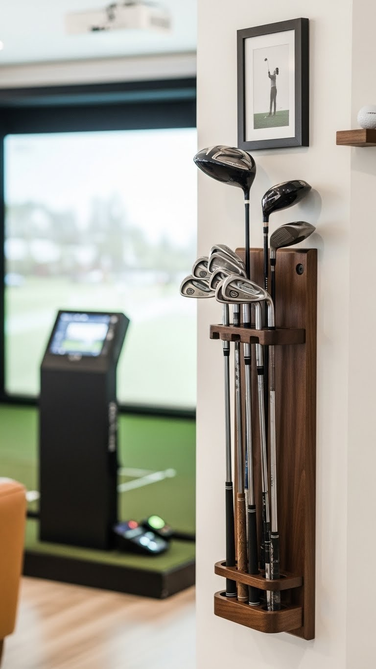 Organized Golf Club Storage Rack With Dark Wood And Metal Design Holding Neatly Arranged Clubs On Neutral Wall.