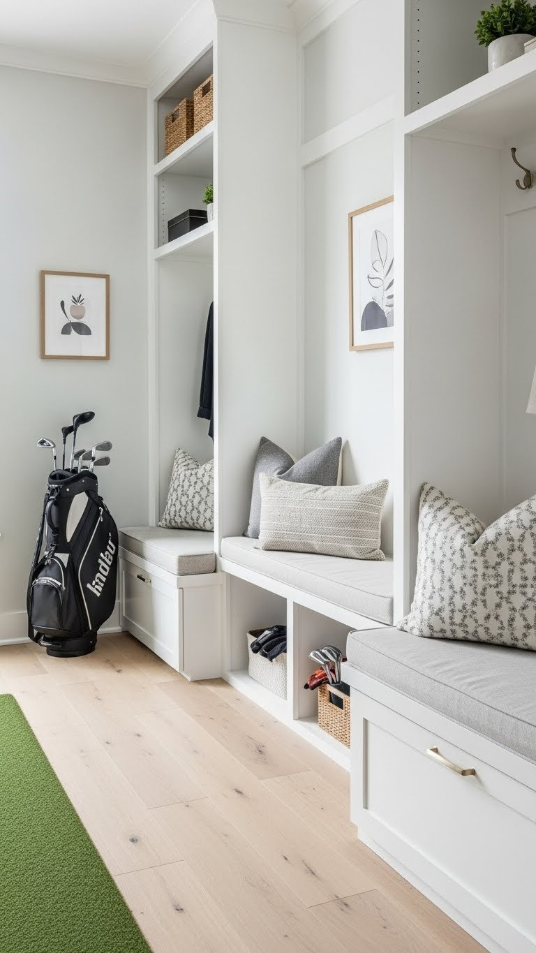 Organized Golf Simulator Room Showcasing Custom-Built Benches With Integrated Storage Compartments